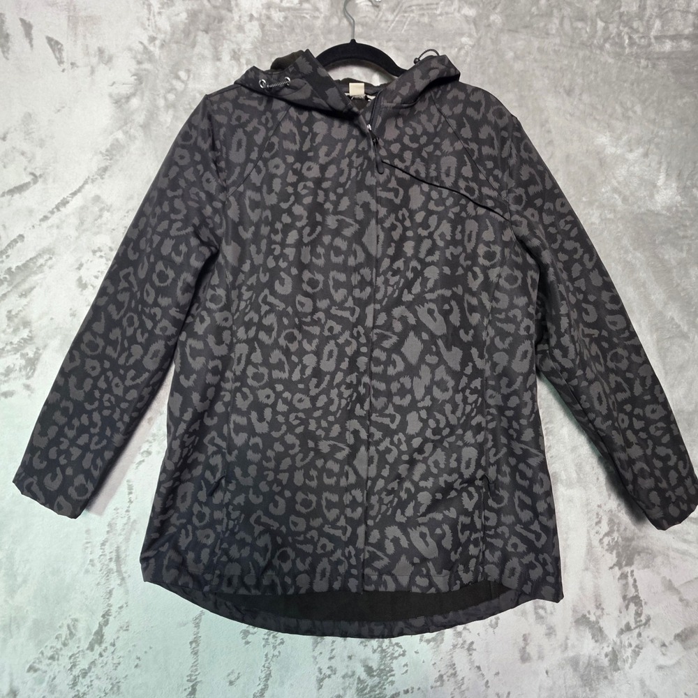 Charlie Paige Womens Grey Leopard Print Hooded Softshell Jacket Fleece Lined L